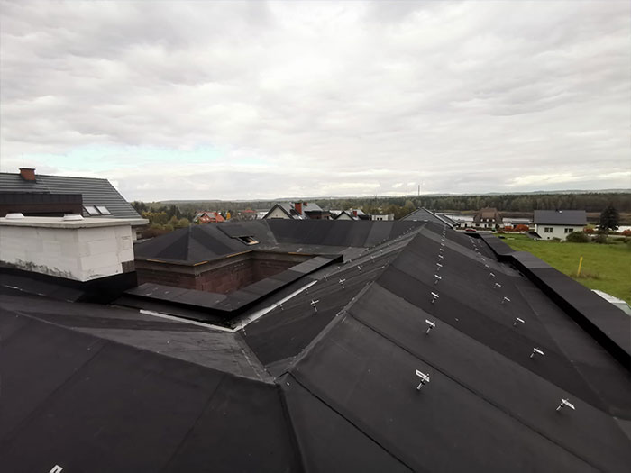 Dächer mit schwarzen Schindeln unter bewölktem Himmel
